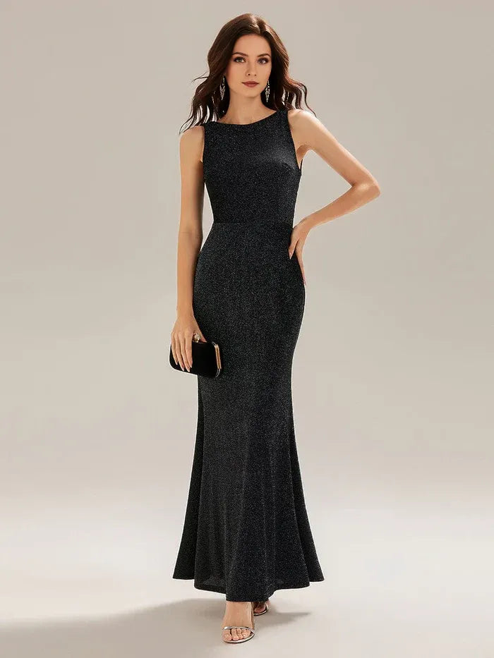 Glamorous Black Mermaid Boat Neck Sleeveless Glitter Backless Side Zip Floor-Length Prom Dresses
