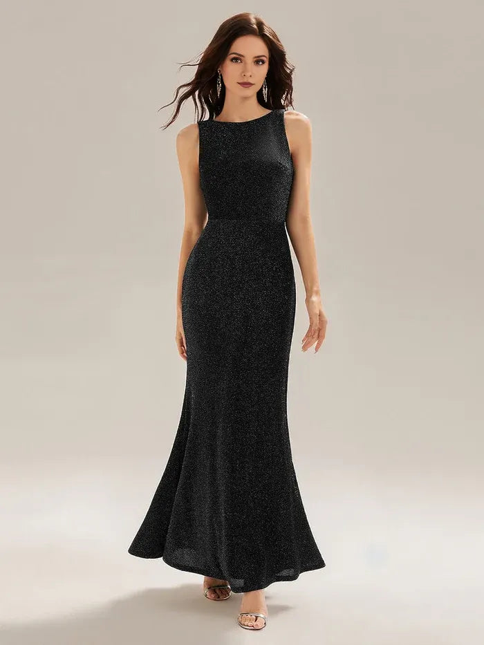 Glamorous Black Mermaid Boat Neck Sleeveless Glitter Backless Side Zip Floor-Length Prom Dresses