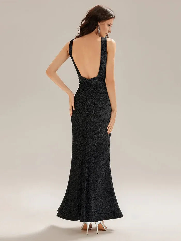 Glamorous Black Mermaid Boat Neck Sleeveless Glitter Backless Side Zip Floor-Length Prom Dresses
