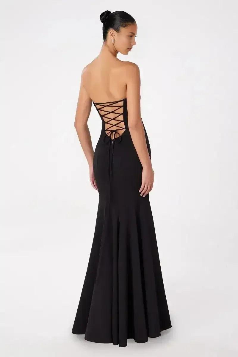 Glamorous Black Mermaid Strapless Sleeveless Lace-Up Back Floor-Length Prom Dress with Scarf