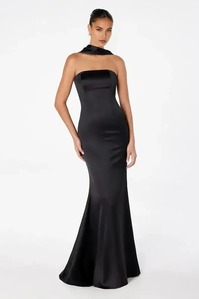 Glamorous Black Mermaid Strapless Sleeveless Lace-Up Back Floor-Length Prom Dress with Scarf