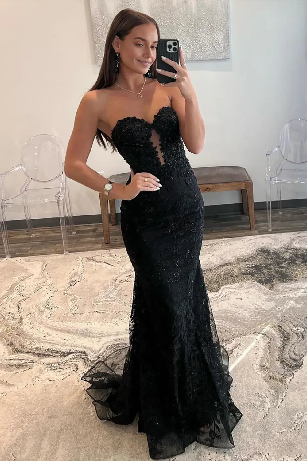 Glamorous Black Mermaid Sweetheart Tulle Strapless Sleeveless Open-Back Back Zip Prom Dress with Appliques