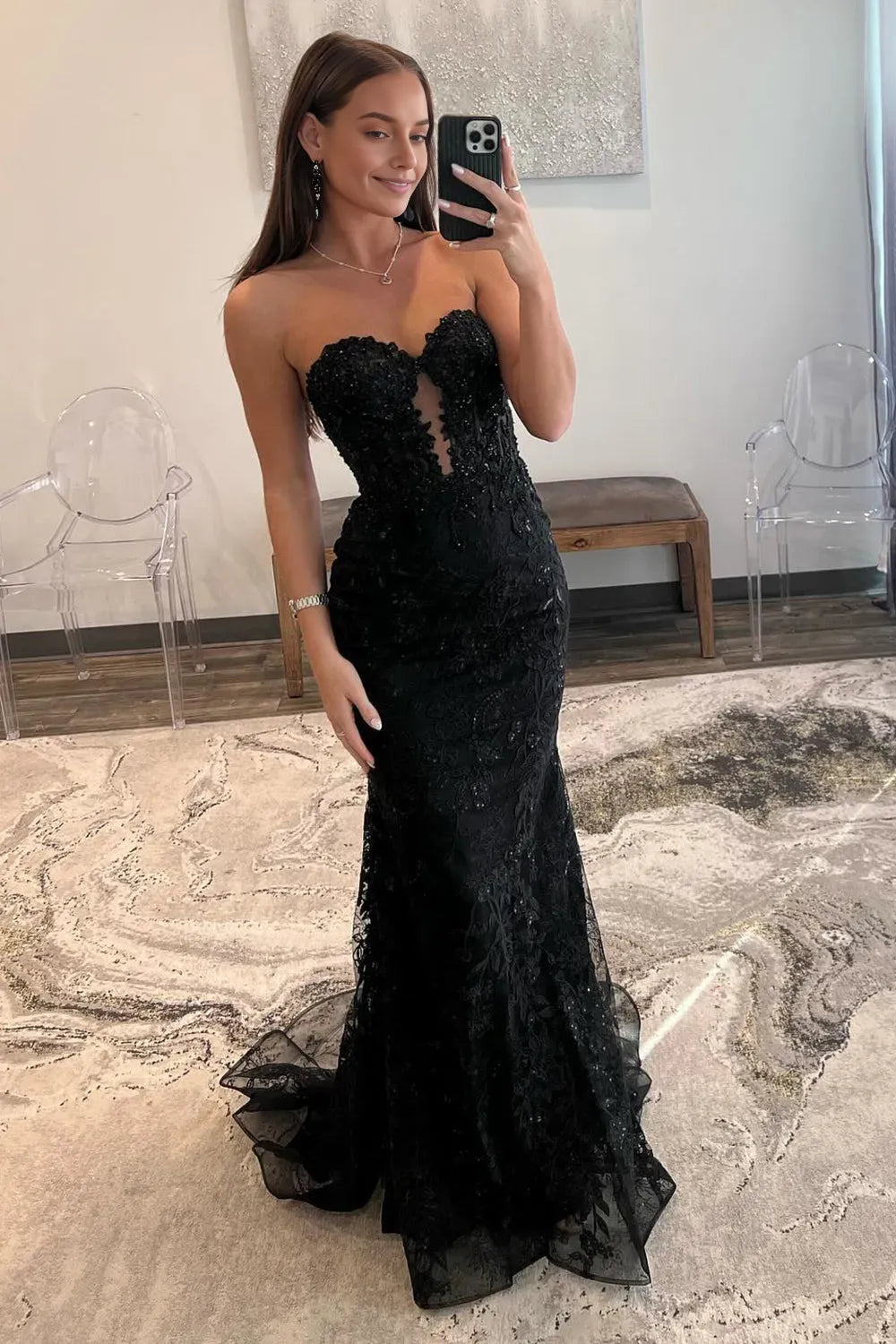 Glamorous Black Mermaid Sweetheart Tulle Strapless Sleeveless Open-Back Back Zip Prom Dress with Appliques
