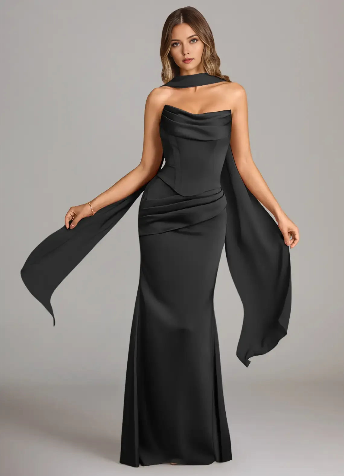 Glamorous Black Satin Mermaid Cowl Neck Cape-Sleeve Pleated Lace Up Floor-Length Bridesmaid Dresses