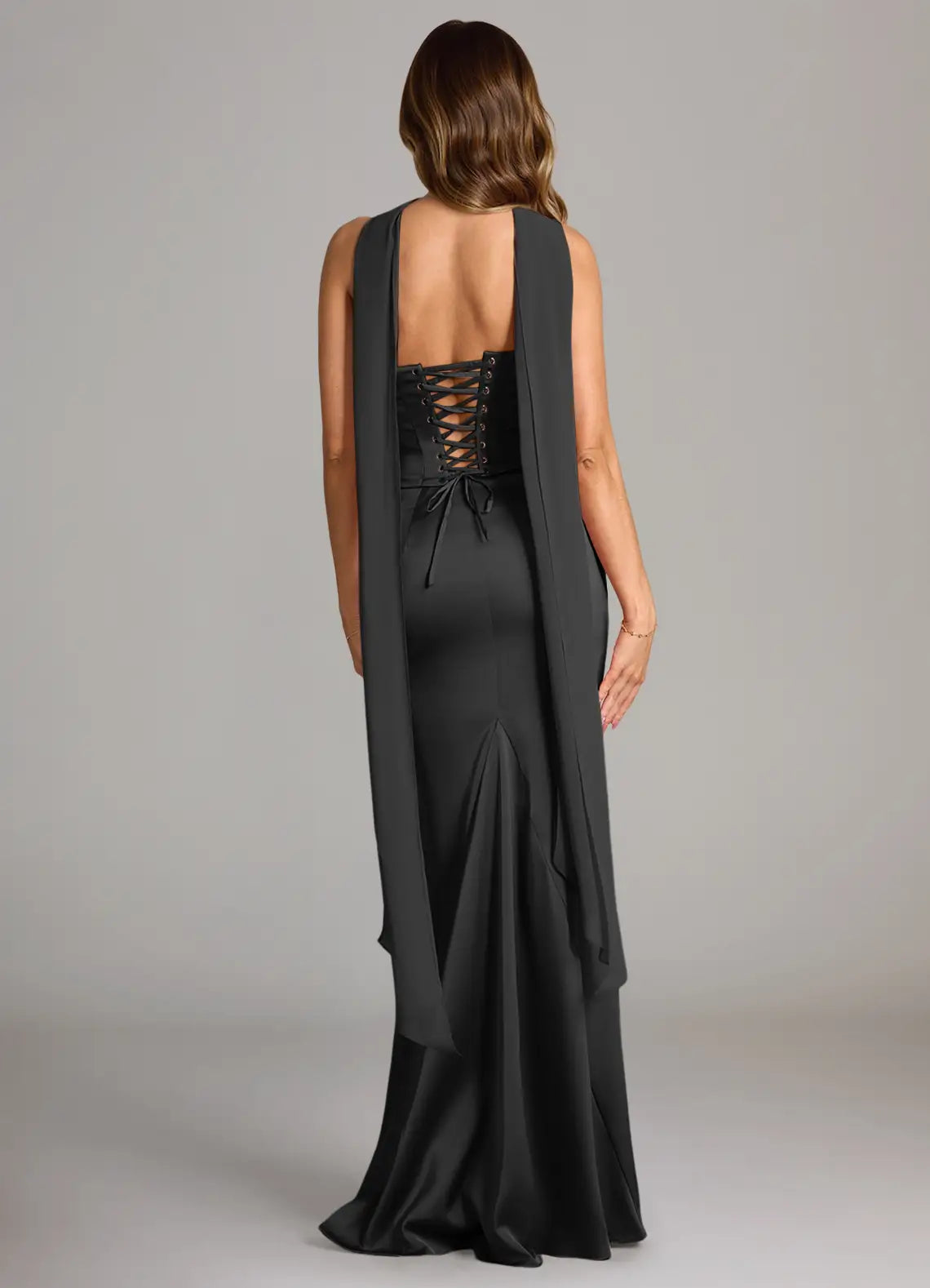Glamorous Black Satin Mermaid Cowl Neck Cape-Sleeve Pleated Lace Up Floor-Length Bridesmaid Dresses