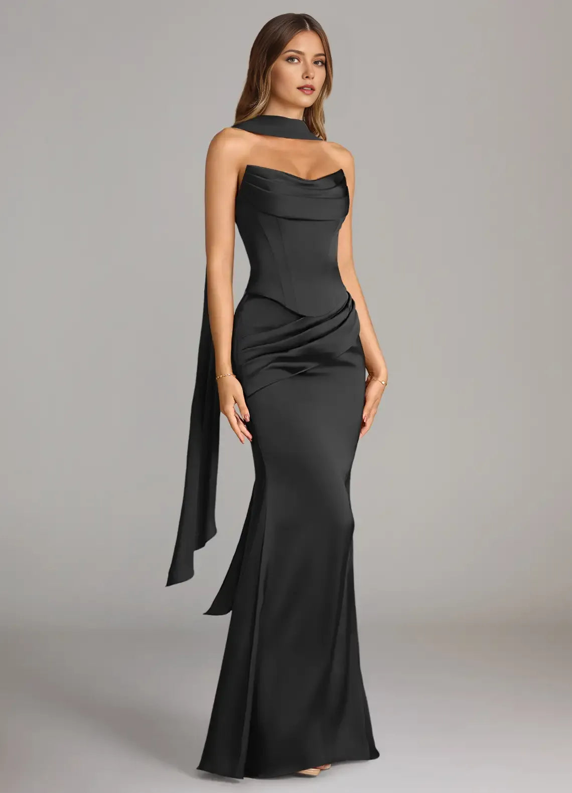 Glamorous Black Satin Mermaid Cowl Neck Cape-Sleeve Pleated Lace Up Floor-Length Bridesmaid Dresses