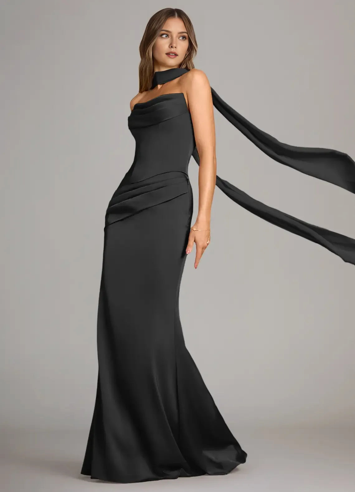 Glamorous Black Satin Mermaid Cowl Neck Cape-Sleeve Pleated Lace Up Floor-Length Bridesmaid Dresses