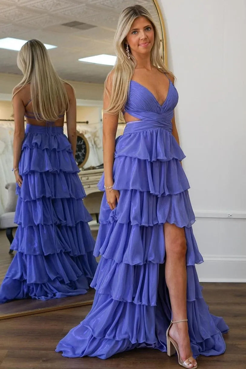 Glamorous Blue A-Line V-Neck Spaghetti-Strap Tiered Ruffled Lace Up Floor-Length Prom Dress with Slit