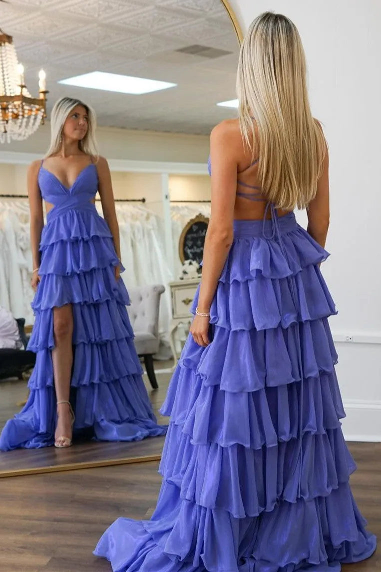 Glamorous Blue A-Line V-Neck Spaghetti-Strap Tiered Ruffled Lace Up Floor-Length Prom Dress with Slit