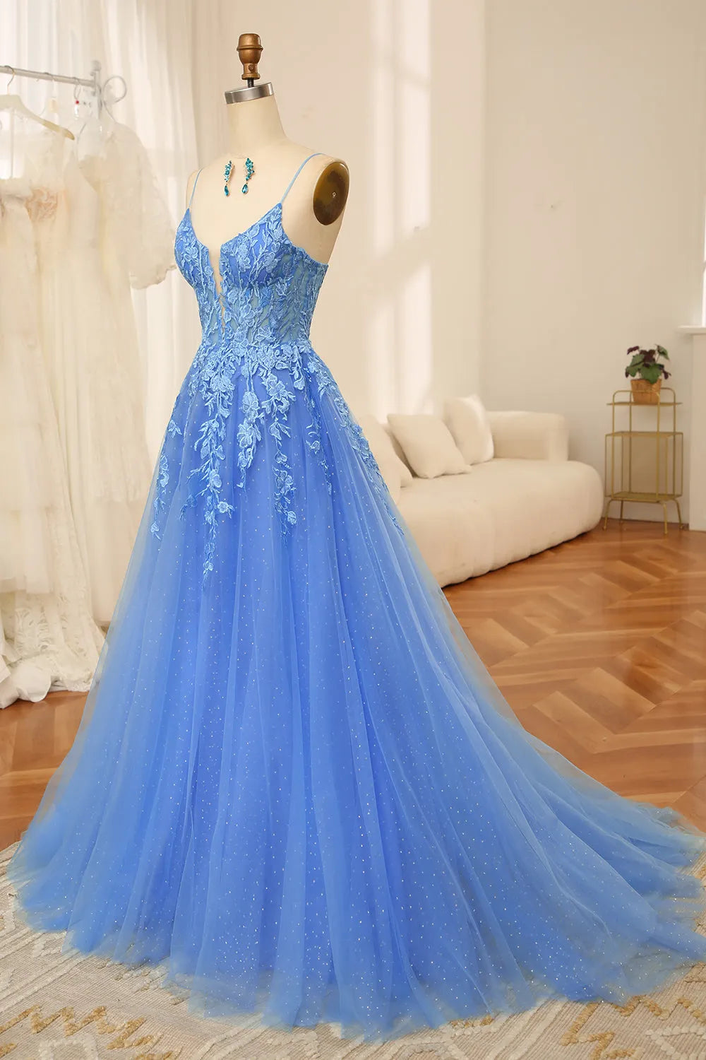 Glamorous Blue A Line Plunging V-Neck Spaghetti Strap Lace Glitter Tulle Train Prom Dress with Beaded Appliques