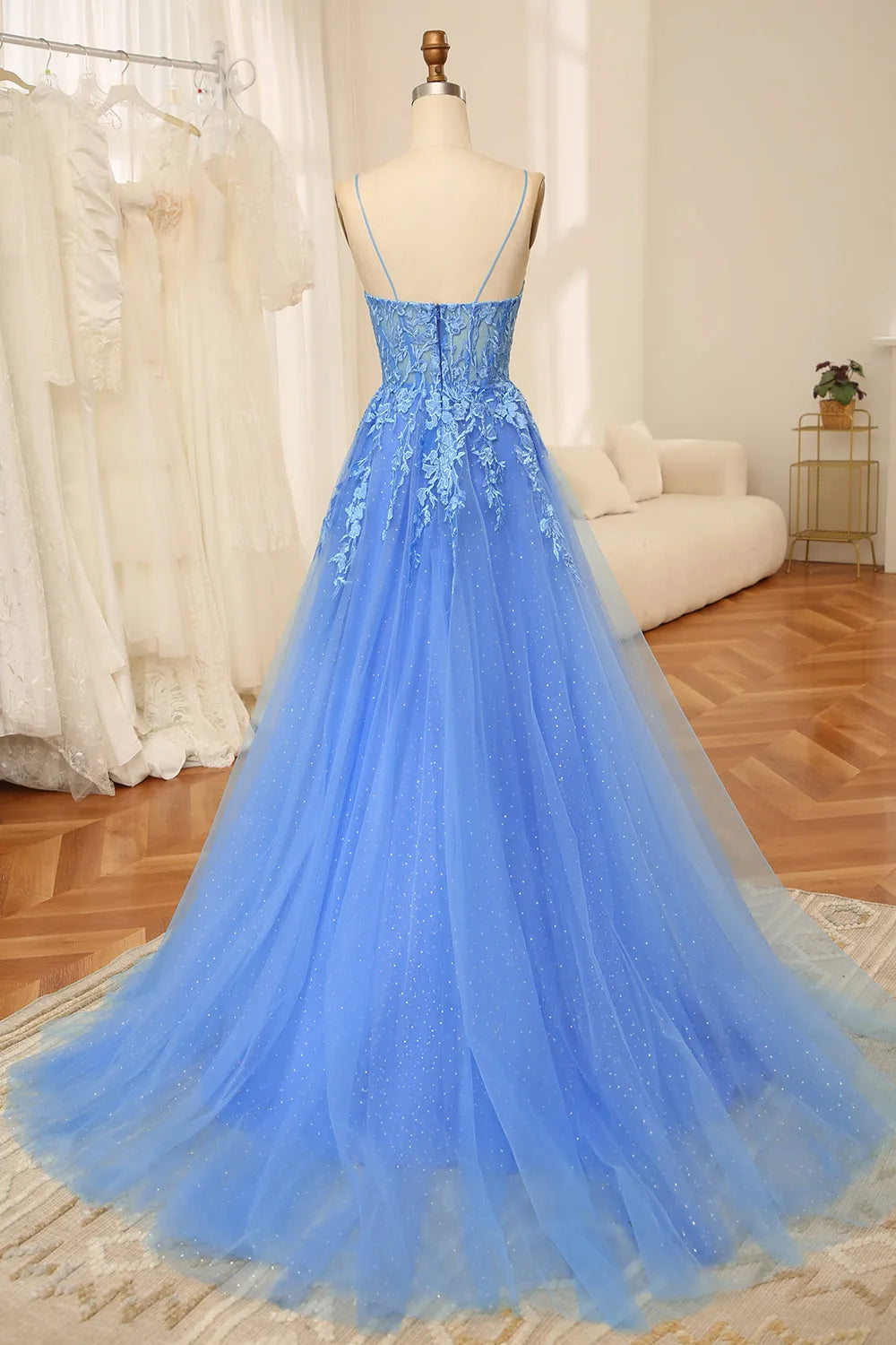 Glamorous Blue A Line Plunging V-Neck Spaghetti Strap Lace Glitter Tulle Train Prom Dress with Beaded Appliques