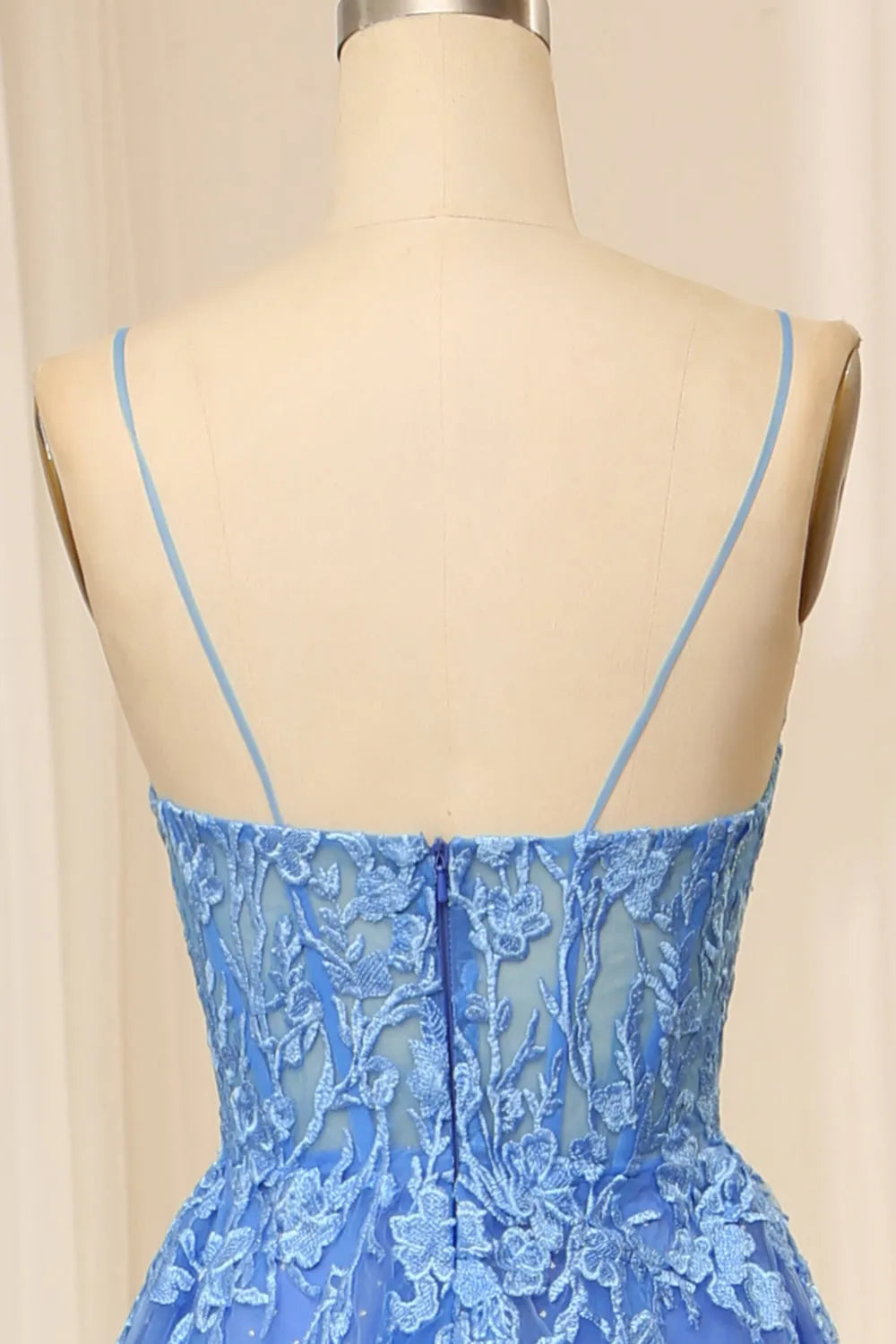 Glamorous Blue A Line Plunging V-Neck Spaghetti Strap Lace Glitter Tulle Train Prom Dress with Beaded Appliques