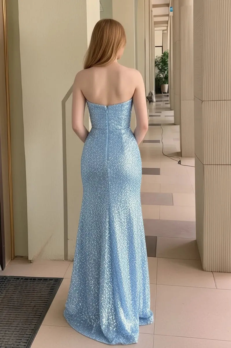 Glamorous Blue Mermaid Sweetheart Strapless Back Zip Floor-Length Glitter Prom Dress with Slit