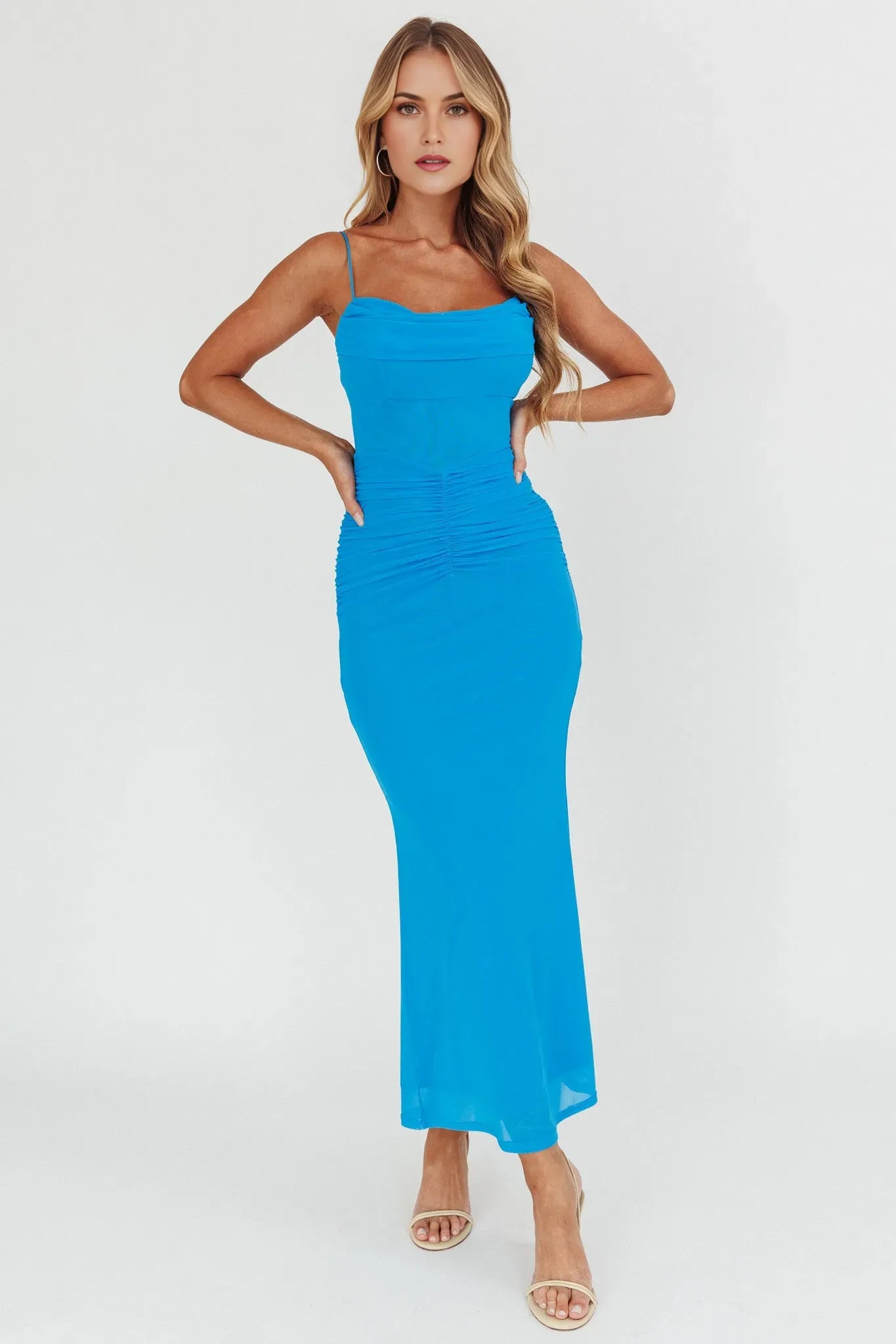 Glamorous Blue Sheath Cowl Neck Spaghetti Straps Sleeveless Ruched Mesh Back Zip Ankle-Length Prom Dresses ﻿