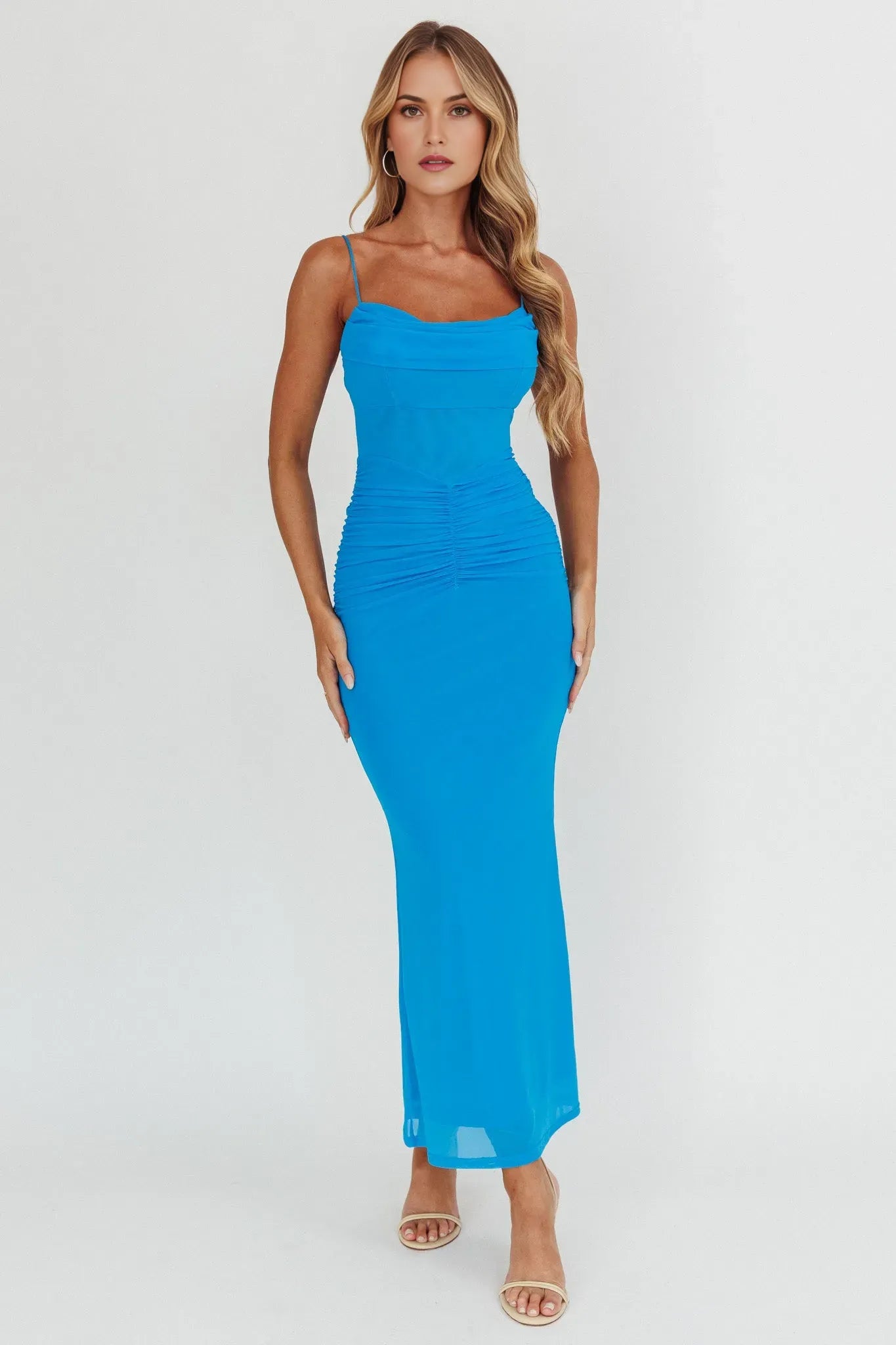 Glamorous Blue Sheath Cowl Neck Spaghetti Straps Sleeveless Ruched Mesh Back Zip Ankle-Length Prom Dresses ﻿