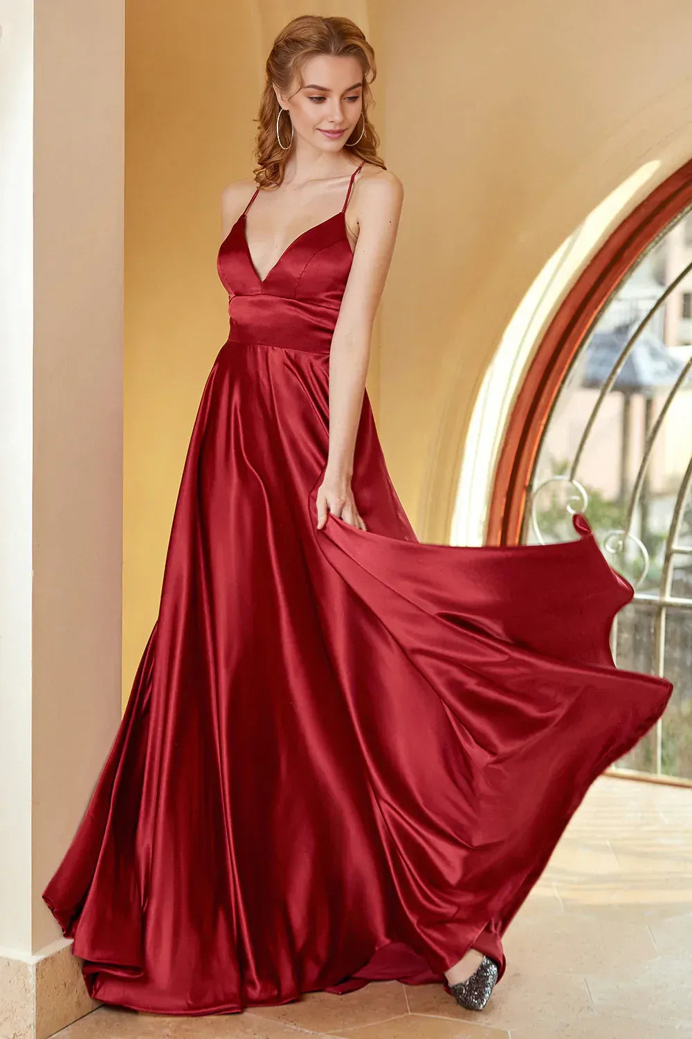 Glamorous Burgundy  A-Line Deep V-Neck Spaghetti-Strap Crisscross Back Floor-Length Prom Dress