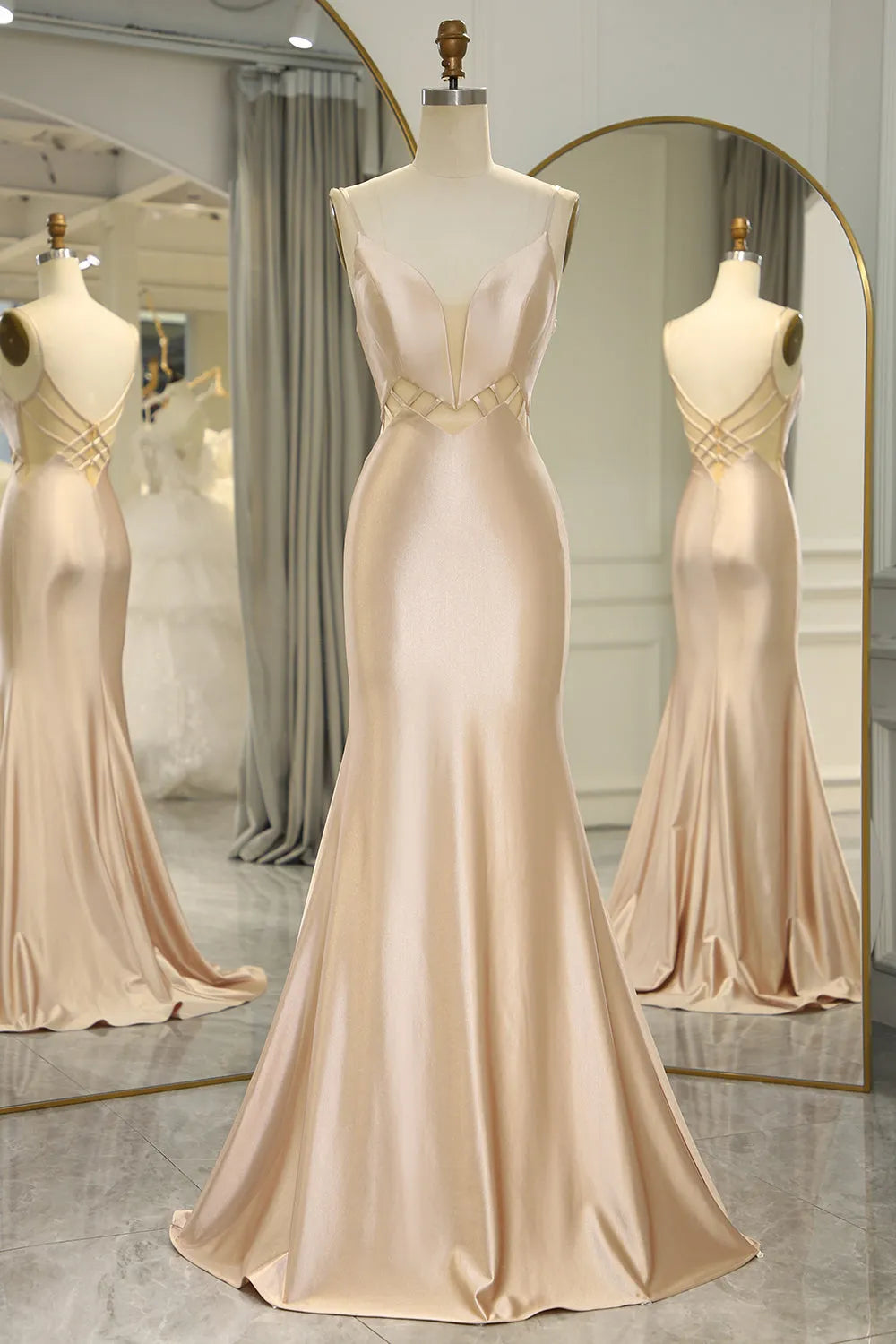 Glamorous Champagne Mermaid Plunging V-Neck Spaghetti Straps Back Zip Floor-Length Long Prom Dress