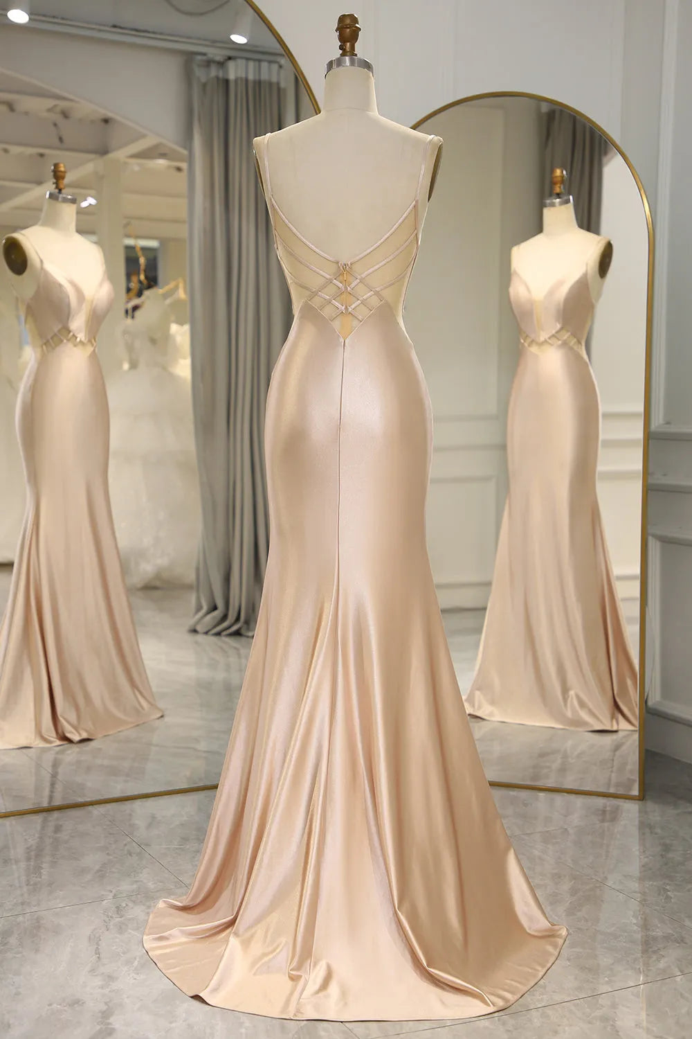 Glamorous Champagne Mermaid Plunging V-Neck Spaghetti Straps Back Zip Floor-Length Long Prom Dress