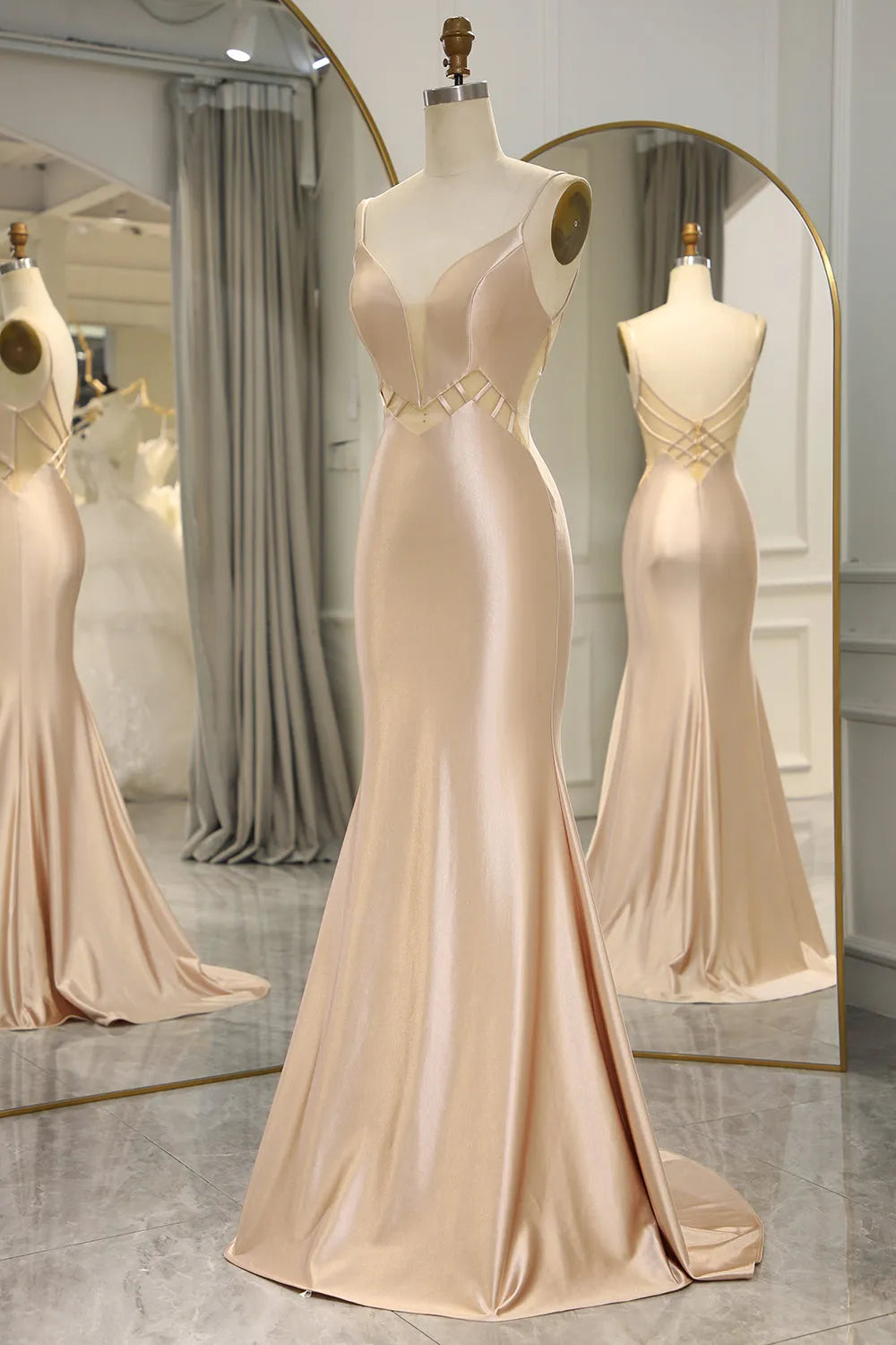 Glamorous Champagne Mermaid Plunging V-Neck Spaghetti Straps Back Zip Floor-Length Long Prom Dress