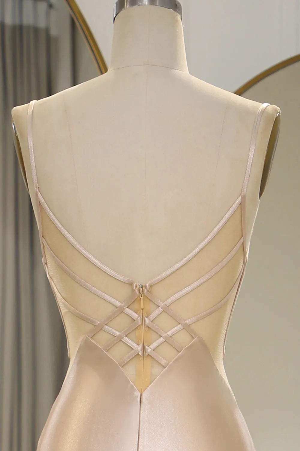 Glamorous Champagne Mermaid Plunging V-Neck Spaghetti Straps Back Zip Floor-Length Long Prom Dress