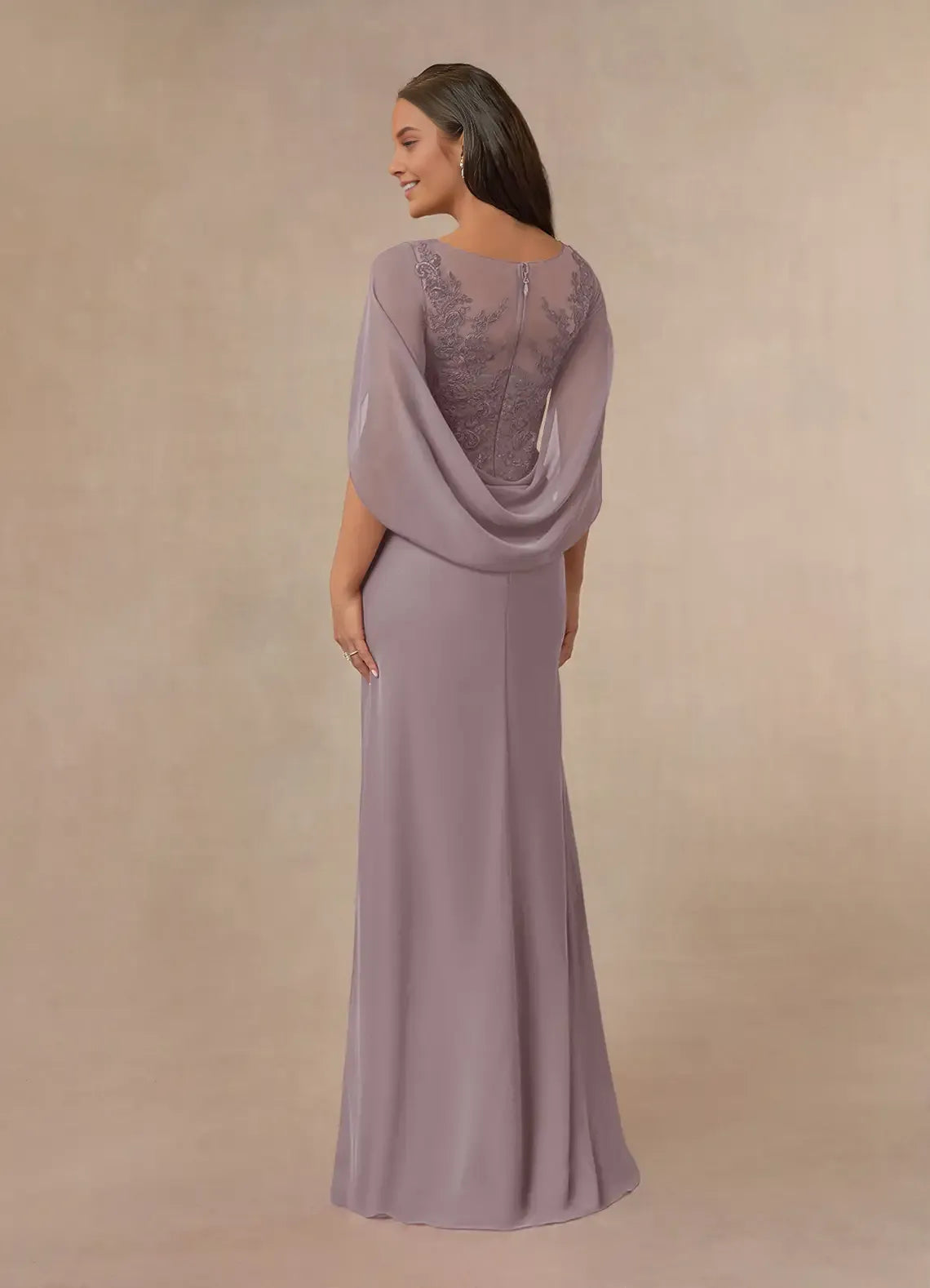 Glamorous Chiffon A-Line Boat-Neck Cape-Sleeve Lace Embroidered Ruched  Back Zip Floor-Length  Mother of the Bride Dress