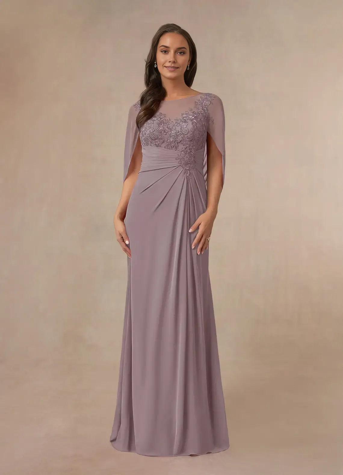 Glamorous Chiffon A-Line Boat-Neck Cape-Sleeve Lace Embroidered Ruched  Back Zip Floor-Length  Mother of the Bride Dress