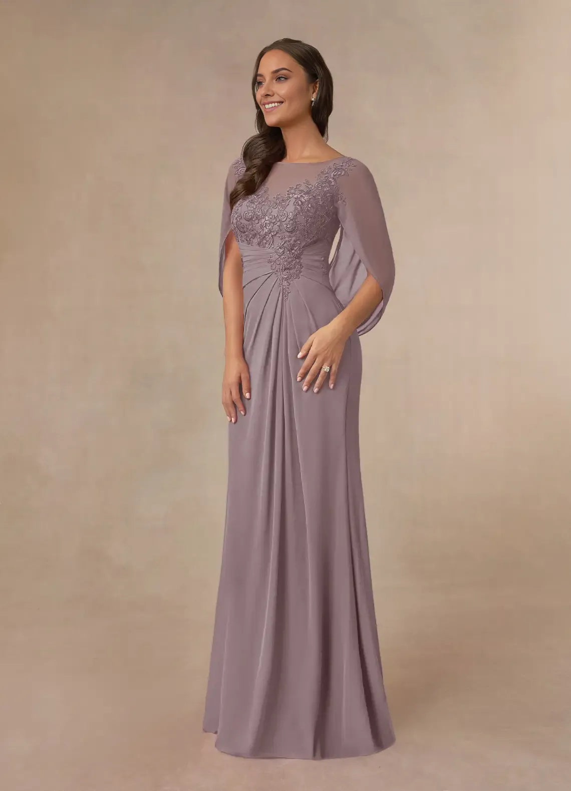 Glamorous Chiffon A-Line Boat-Neck Cape-Sleeve Lace Embroidered Ruched  Back Zip Floor-Length  Mother of the Bride Dress