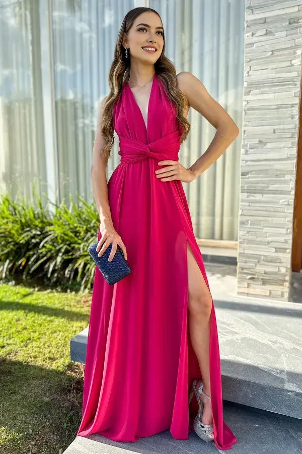 Glamorous Chiffon A -Line Halter Neck Sleeveless Open Back Floor - Length High Side Slit Prom Dress for women Hot Sale