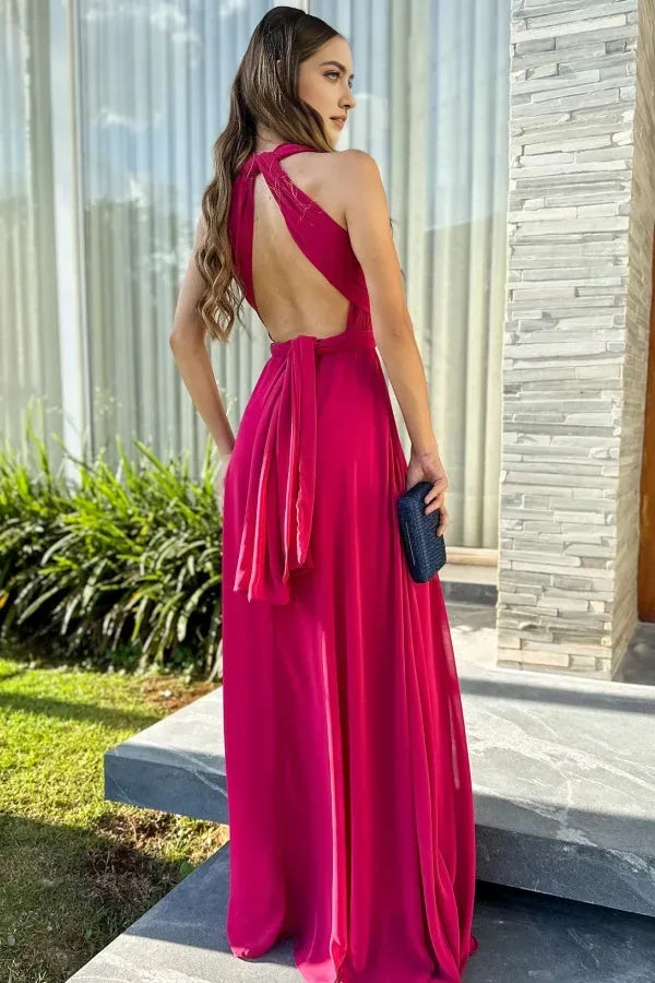 Glamorous Chiffon A -Line Halter Neck Sleeveless Open Back Floor - Length High Side Slit Prom Dress for women Hot Sale