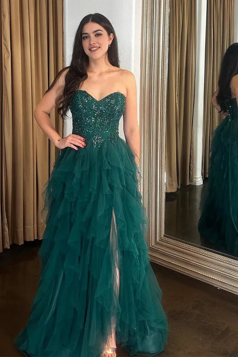 Glamorous Dark Green A-Line Sweetheart Neck Sleeveless Tulle Sequined Lace Up High-Slit Floor-Length Prom Dress
