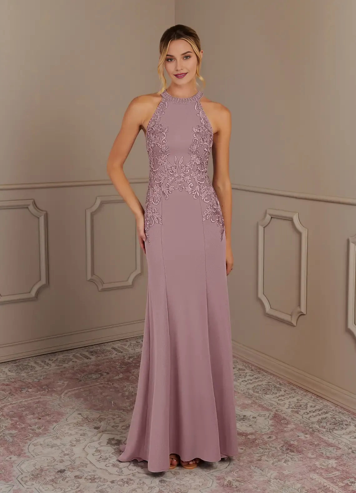 Glamorous Dusty Rose Mermaid Halter-Neck Sleeveless Lace Sequins Back Zip Floor-Length Mother of the Bride Dress Hot Sale ﻿