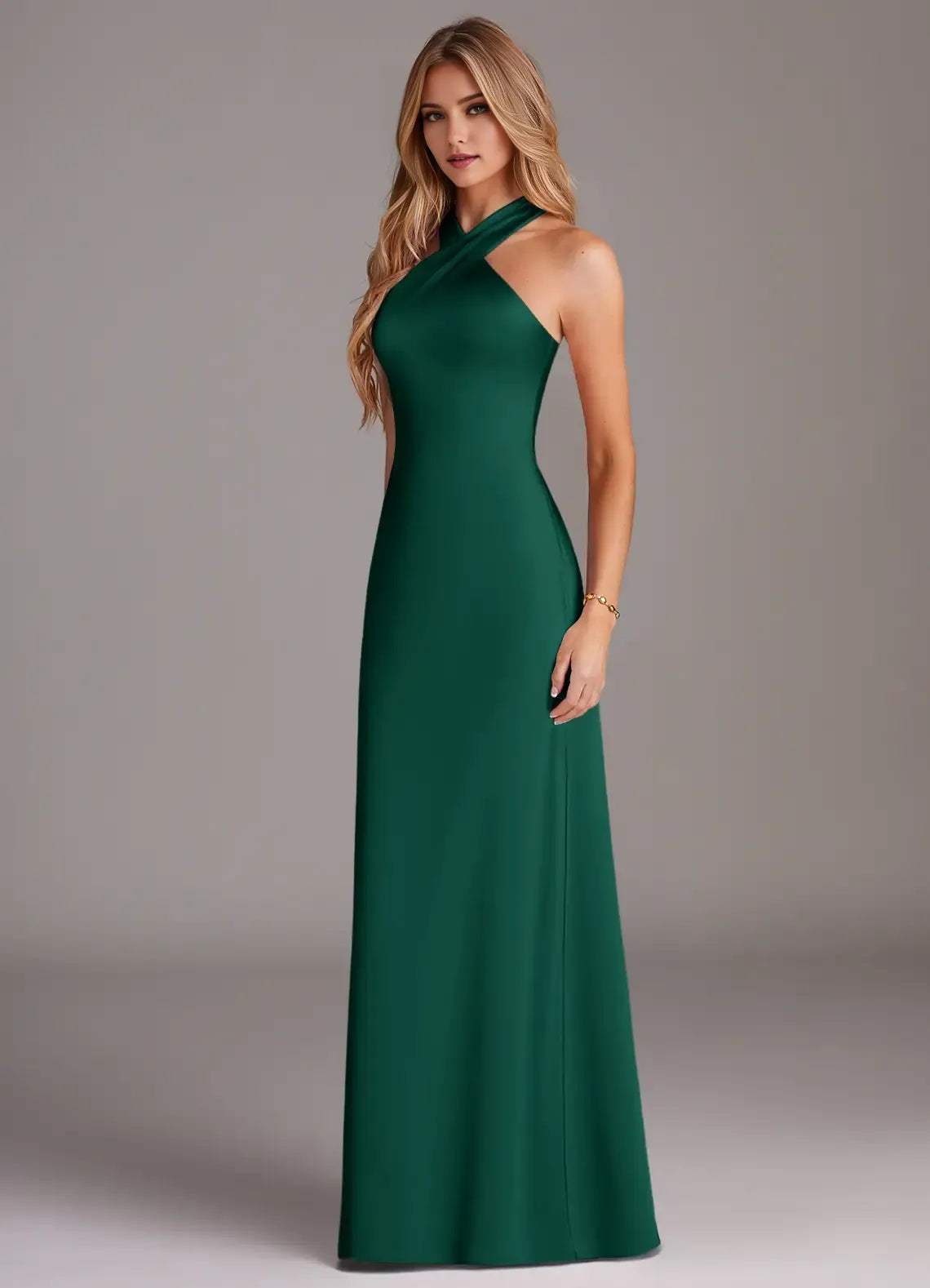 Glamorous Emerald Mermaid Halter Neck Sleeveless Pleated Bow-Back Leg Slit Floor-Length Bridesmaid Dresses