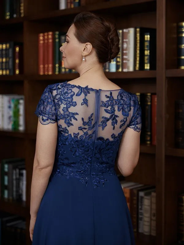 Glamorous Fit-and-Flare Illusion Neck Cap Sleeve Lace Back Tea-Length Mother Of The Bride Dresses