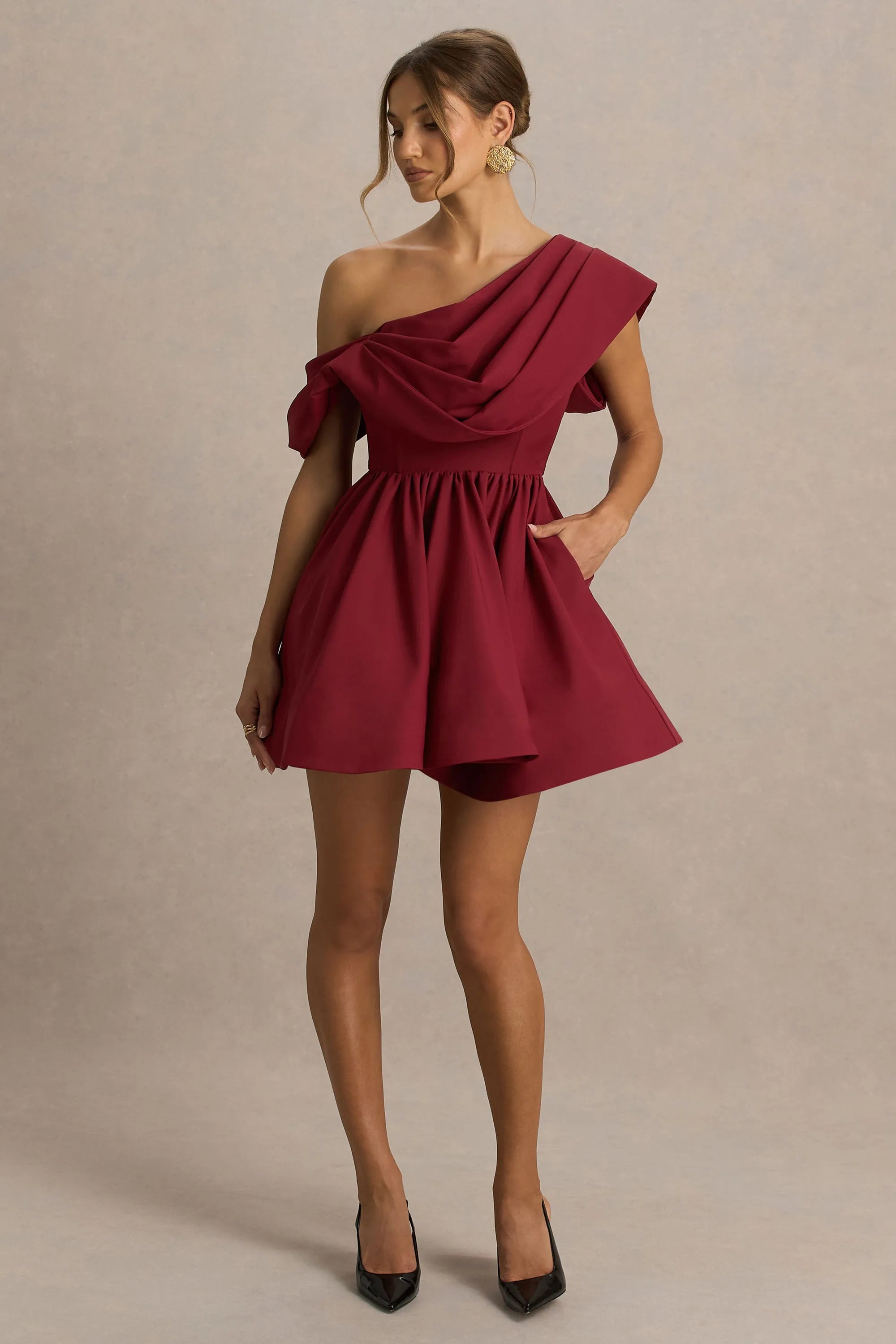 Glamorous Fit-and-Flare One-Shoulder Ruffled-Sleeve Zip Back Short Homecoming Dresses