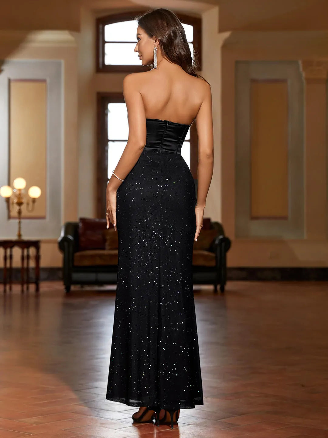 Glamorous Fitted Strapless Sweetheart Cutout Sequin Floor-Length Prom Dresses