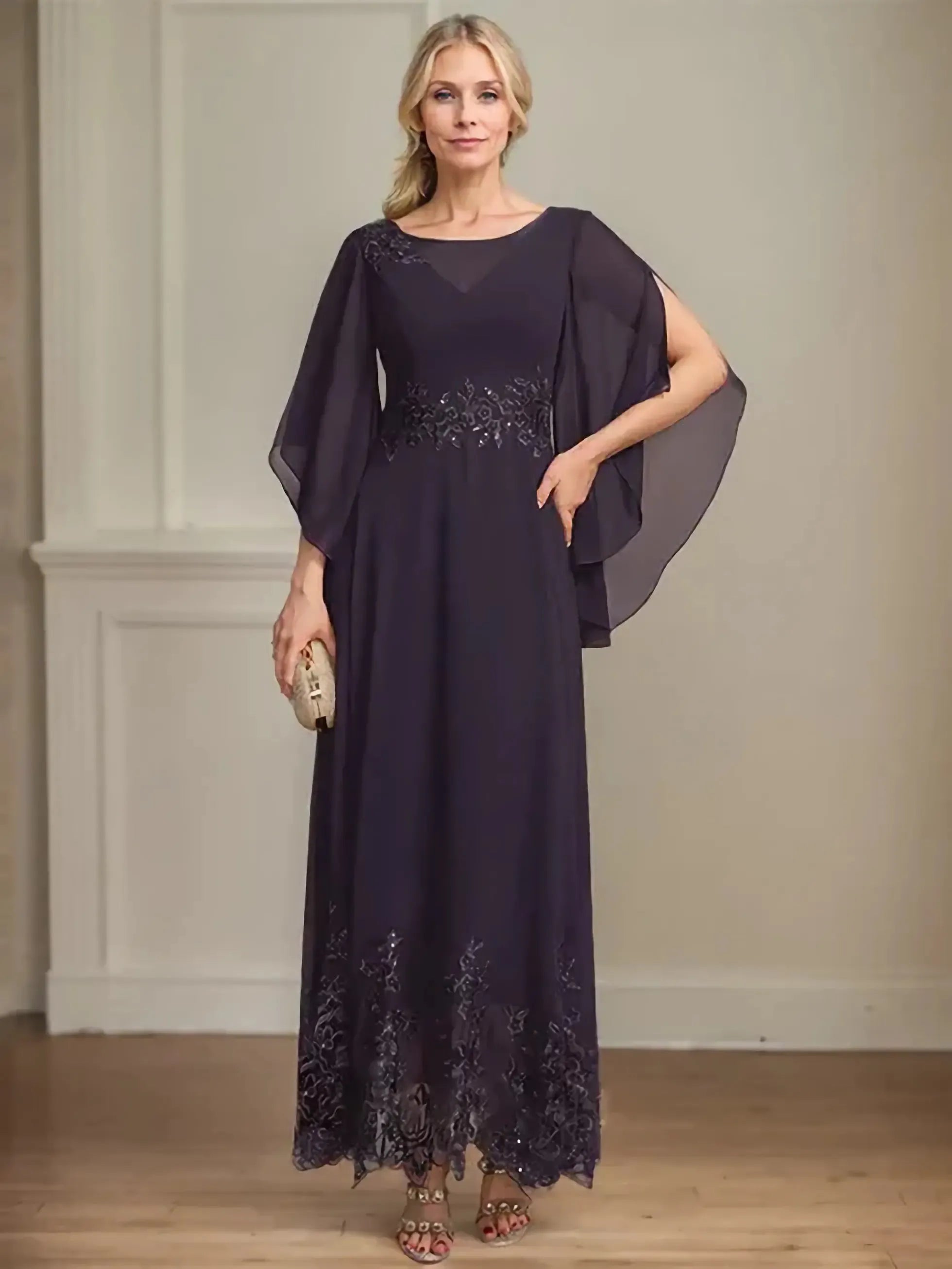 Glamorous Flowy Crew Neck Cape-Sleeve Lace-Back Floor-Length Mother Of The Bride Dresses