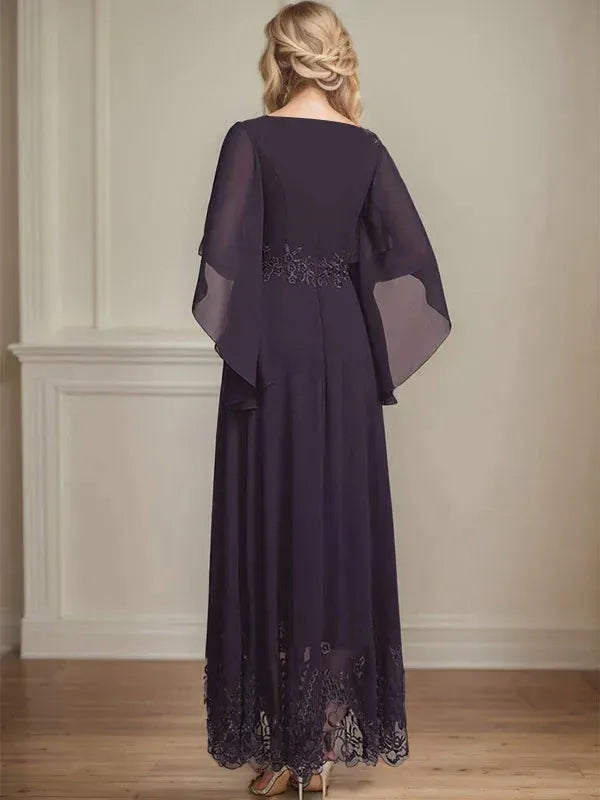 Glamorous Flowy Crew Neck Cape-Sleeve Lace-Back Floor-Length Mother Of The Bride Dresses