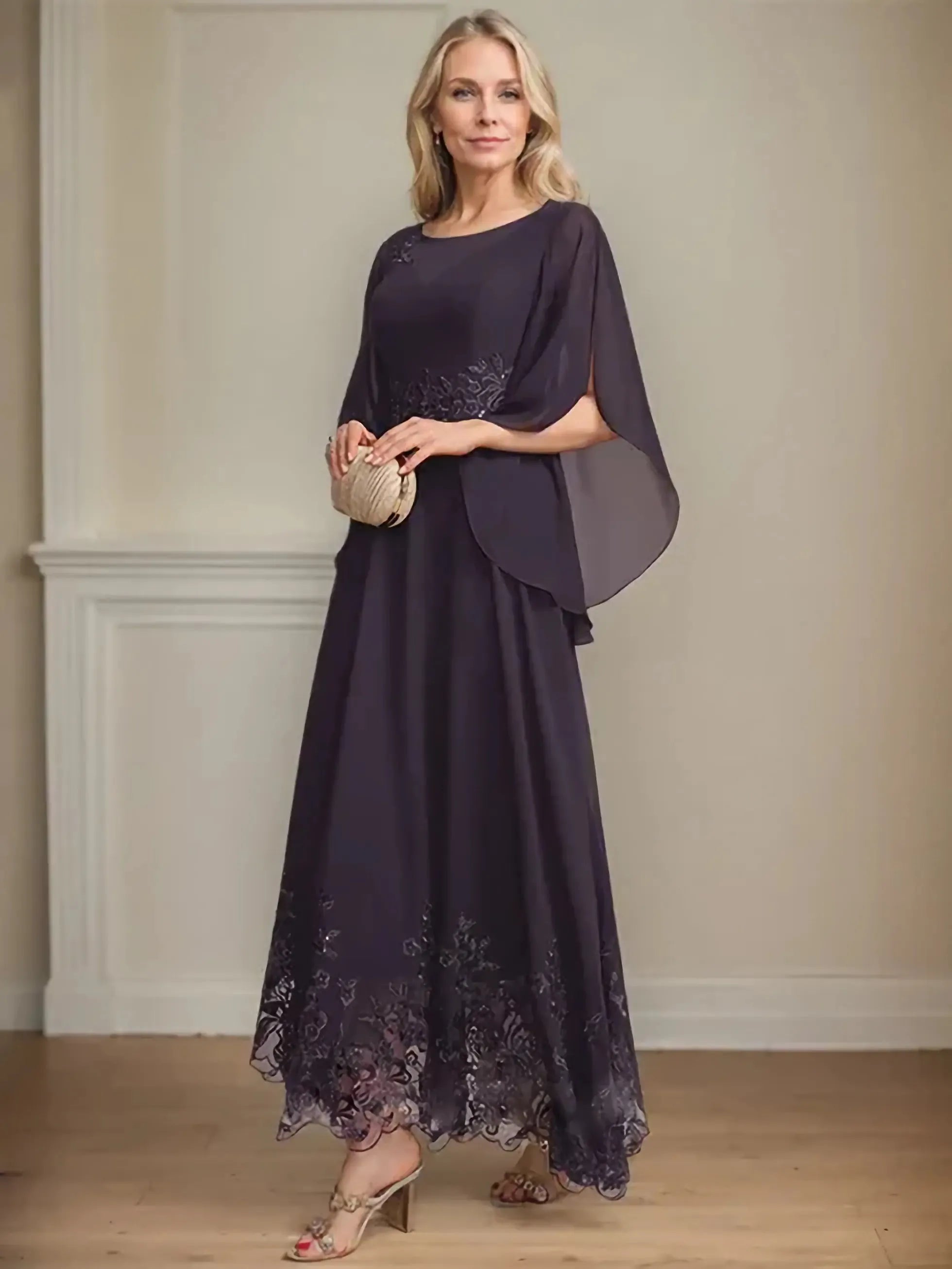 Glamorous Flowy Crew Neck Cape-Sleeve Lace-Back Floor-Length Mother Of The Bride Dresses