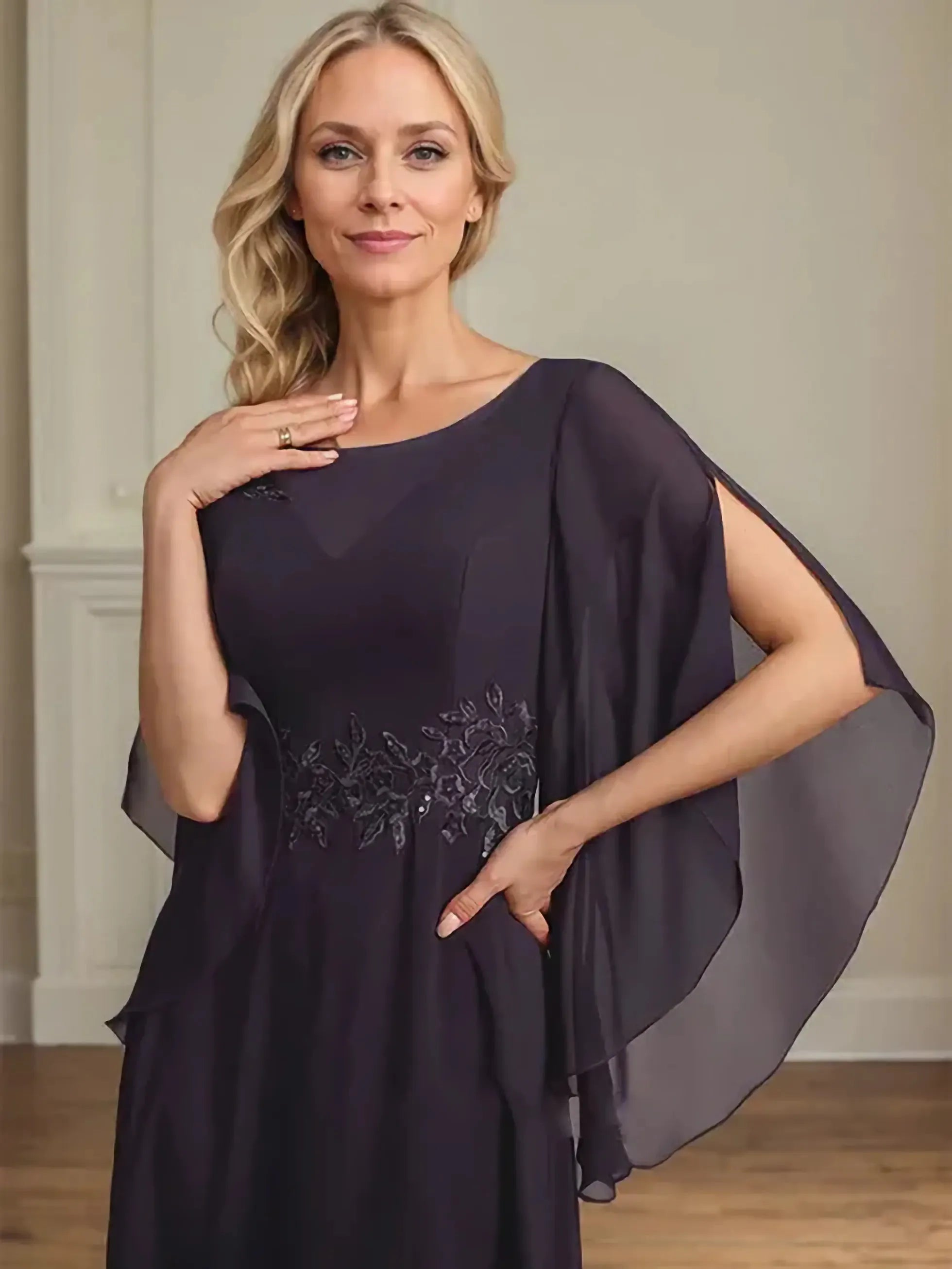 Glamorous Flowy Crew Neck Cape-Sleeve Lace-Back Floor-Length Mother Of The Bride Dresses