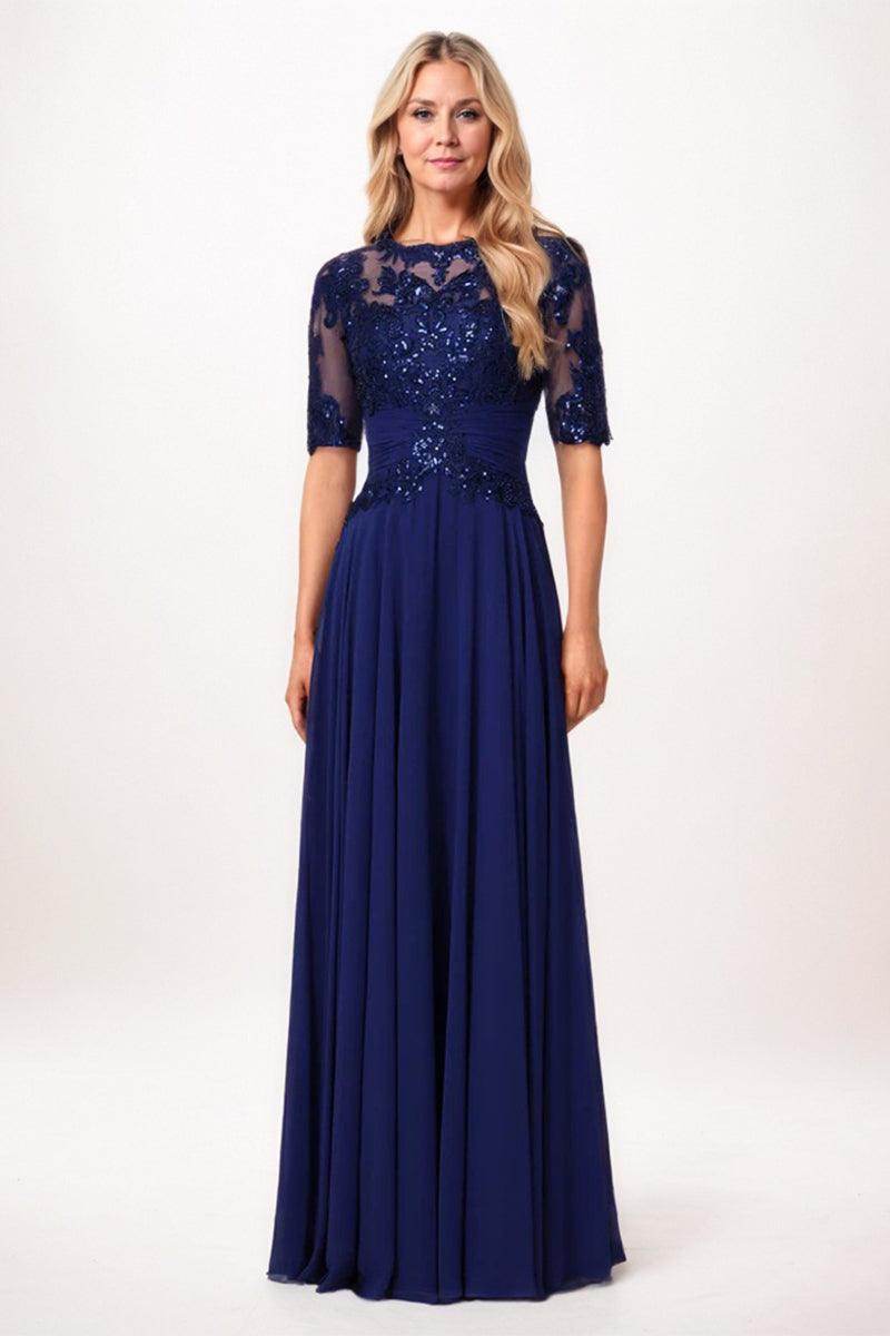 Glamorous Flowy Crew Neck Half-Sleeve Lace-Back Floor-Length Mother Of The Bride Dresses