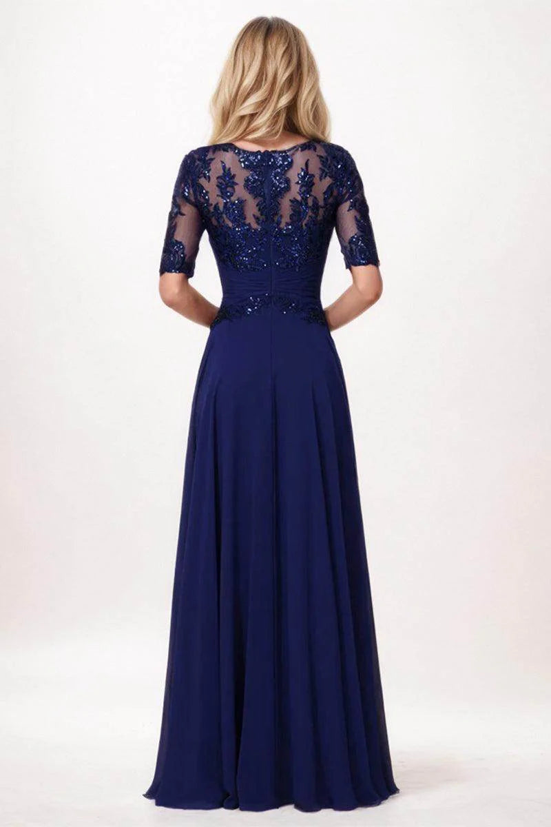 Glamorous Flowy Crew Neck Half-Sleeve Lace-Back Floor-Length Mother Of The Bride Dresses
