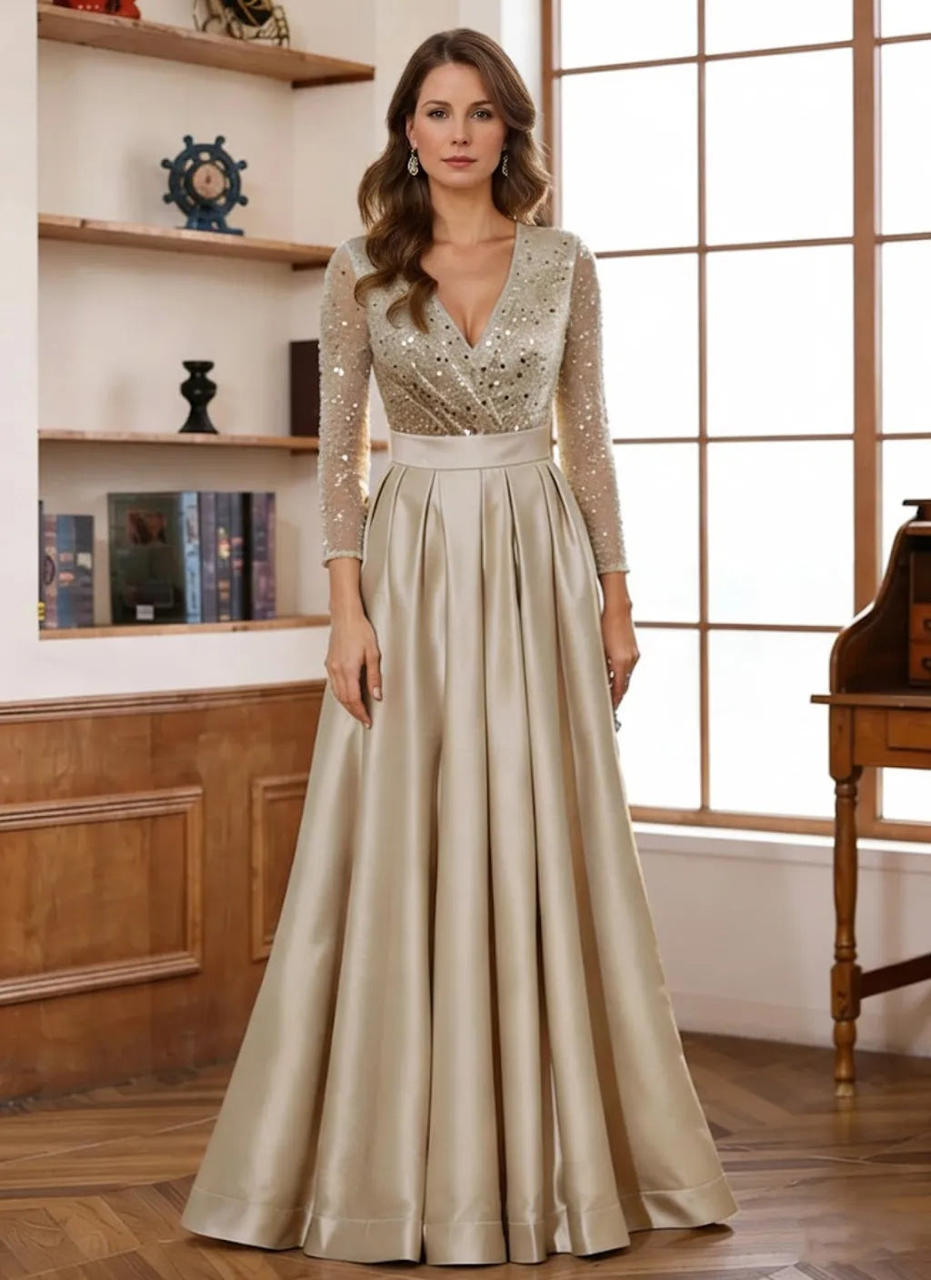 Glamorous Flowy V-Neck Long-Sleeve Sequin-Back Floor-Length Mother Of The Bride Dresses