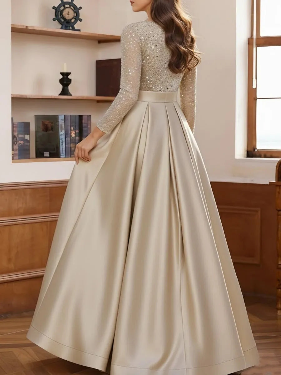 Glamorous Flowy V-Neck Long-Sleeve Sequin-Back Floor-Length Mother Of The Bride Dresses