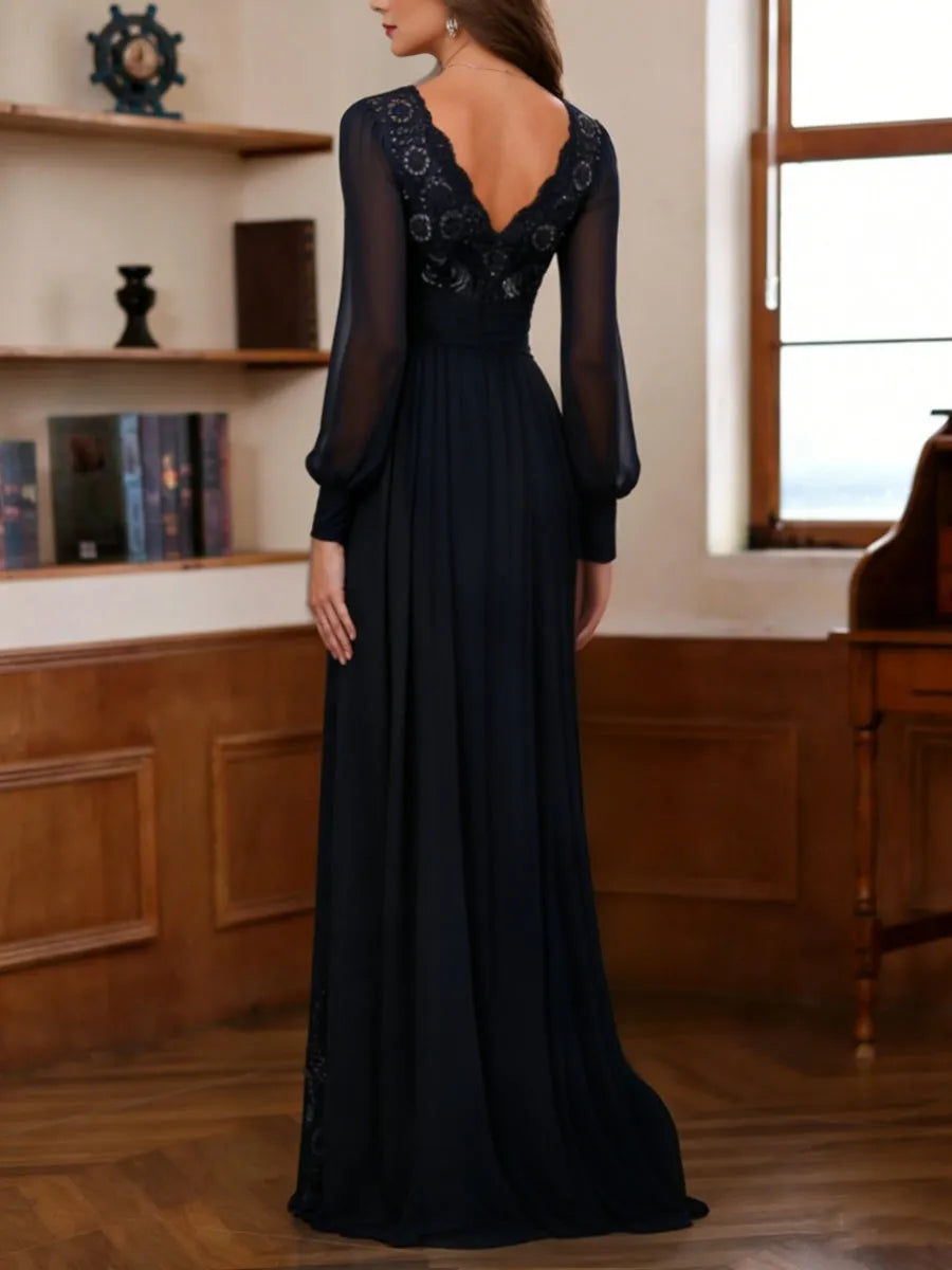 Glamorous Flowy V-Neck Puff Sleeve Deep V-Back Floor-Length Mother Of The Bride Dresses
