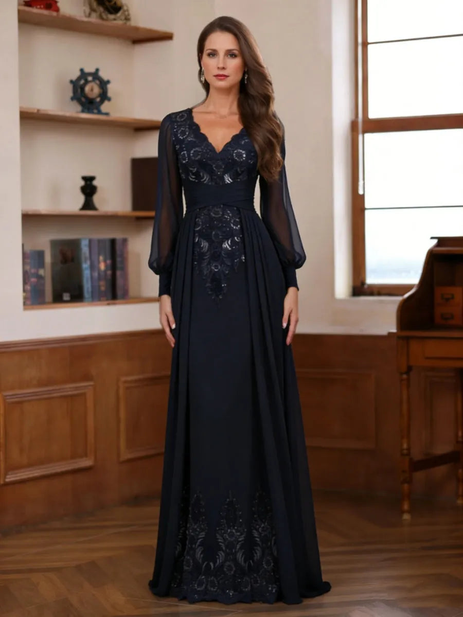 Glamorous Flowy V-Neck Puff Sleeve Deep V-Back Floor-Length Mother Of The Bride Dresses