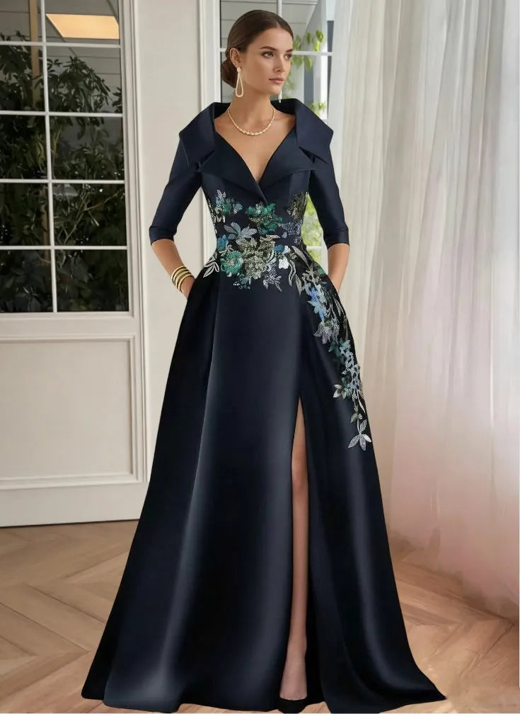 Glamorous Flowy V-Neck Three-Quarter Sleeve Embroidered-Back Floor-Length Mother Of The Bride Dresses