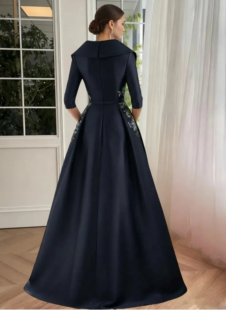 Glamorous Flowy V-Neck Three-Quarter Sleeve Embroidered-Back Floor-Length Mother Of The Bride Dresses