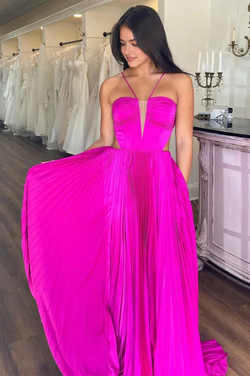 Glamorous Fuchsia A-Line V-Neck Sleeveless Pleated Open-Back Floor-Length Prom Dress with Bow Back