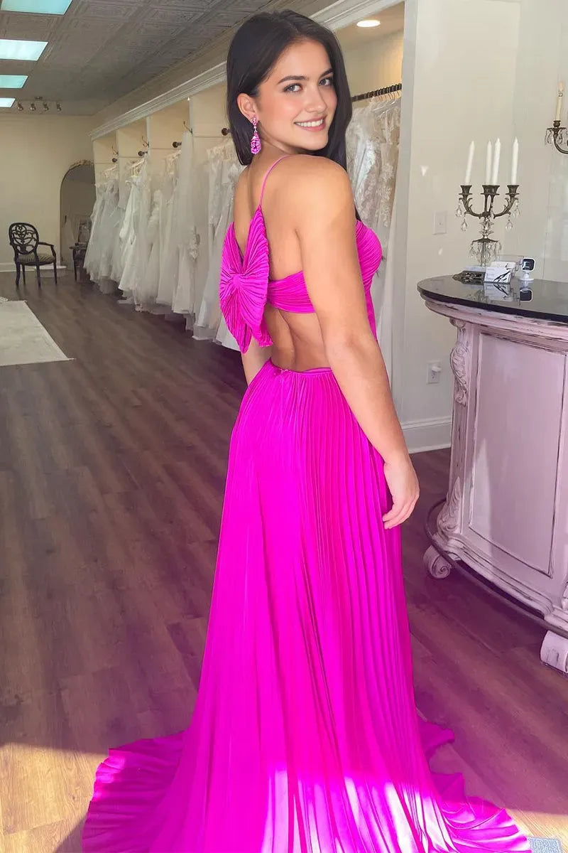 Glamorous Fuchsia A-Line V-Neck Sleeveless Pleated Open-Back Floor-Length Prom Dress with Bow Back