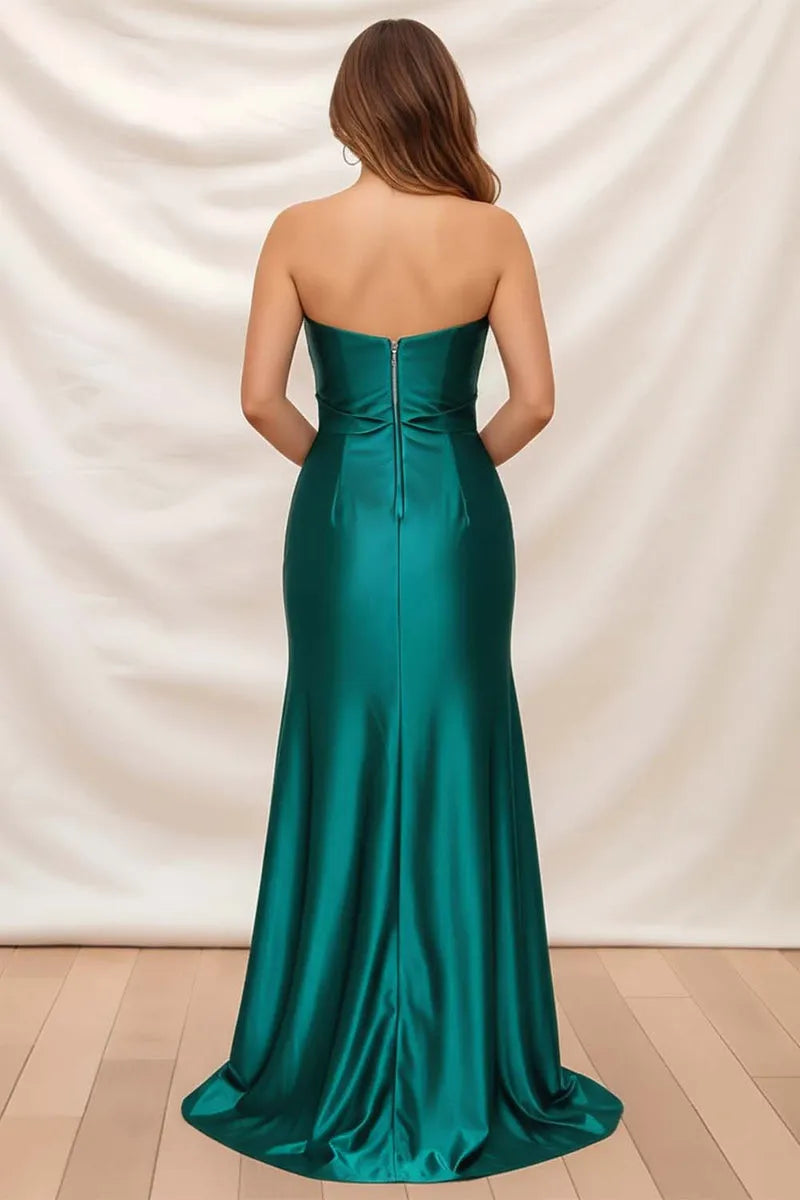 Glamorous Green Mermaid Sweetheart Strapless Back Zip Floor-Length Satin Slit Prom Dress with Cut-Out
